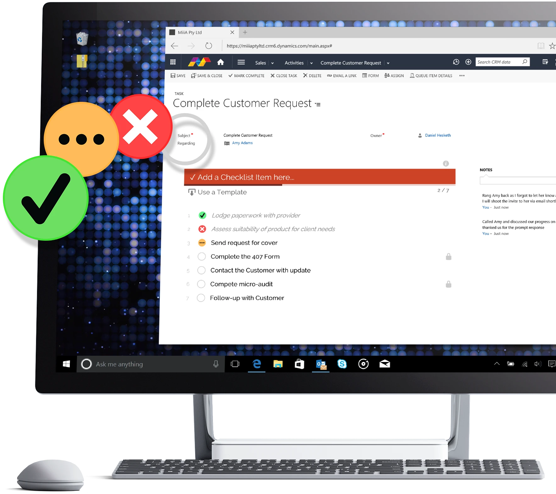 D365 Checklists running on a Dynamics 365 form, shown on a Surface Studio