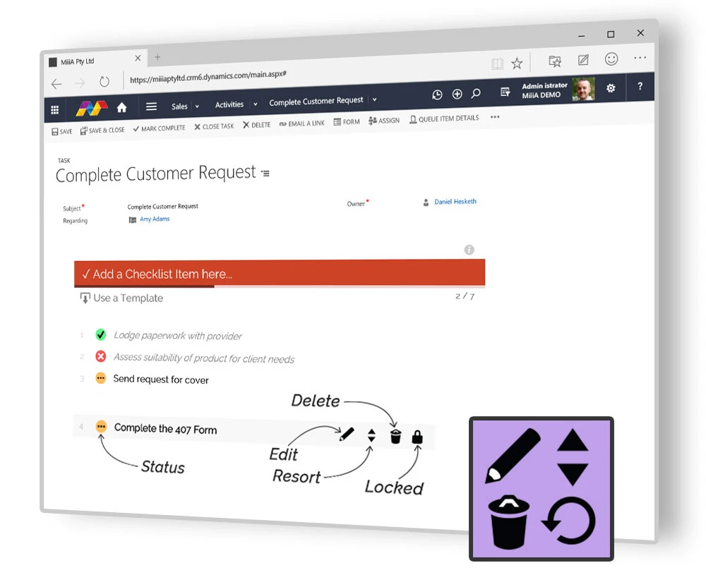 Annotated Dynamics 365 form showing checklist row controls: status, edit, resort, delete and locked
