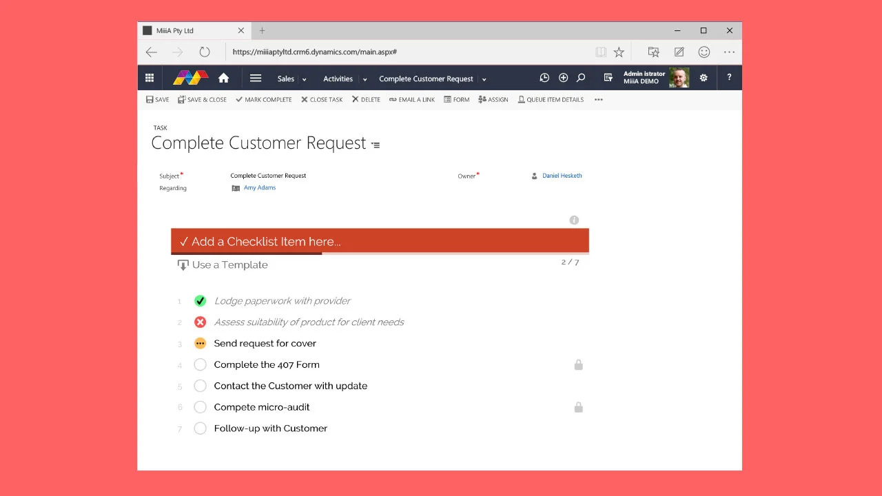 A Dynamics 365 task form with a checklist showing mixed item statuses