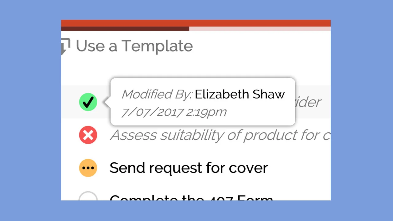 Checklist items with status icons and a 'Modified by' audit tooltip