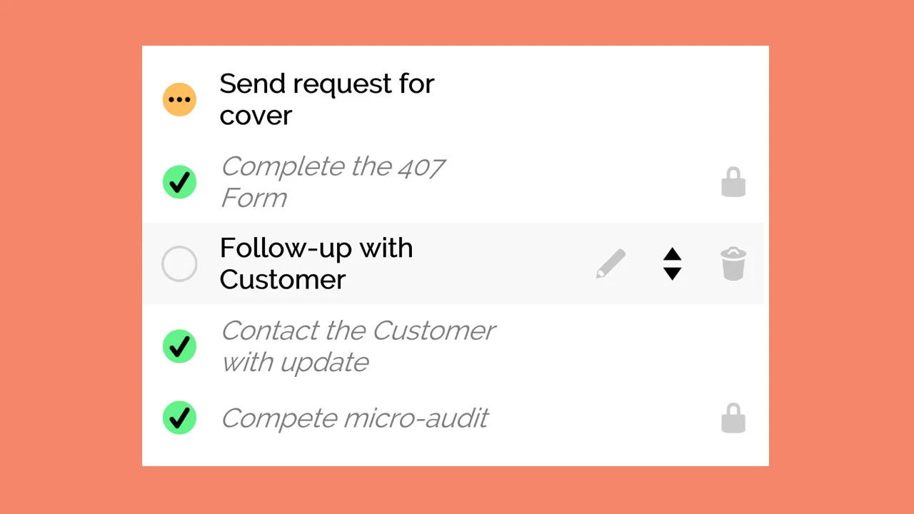 Checklist item row controls - edit, reorder and delete - with locked items