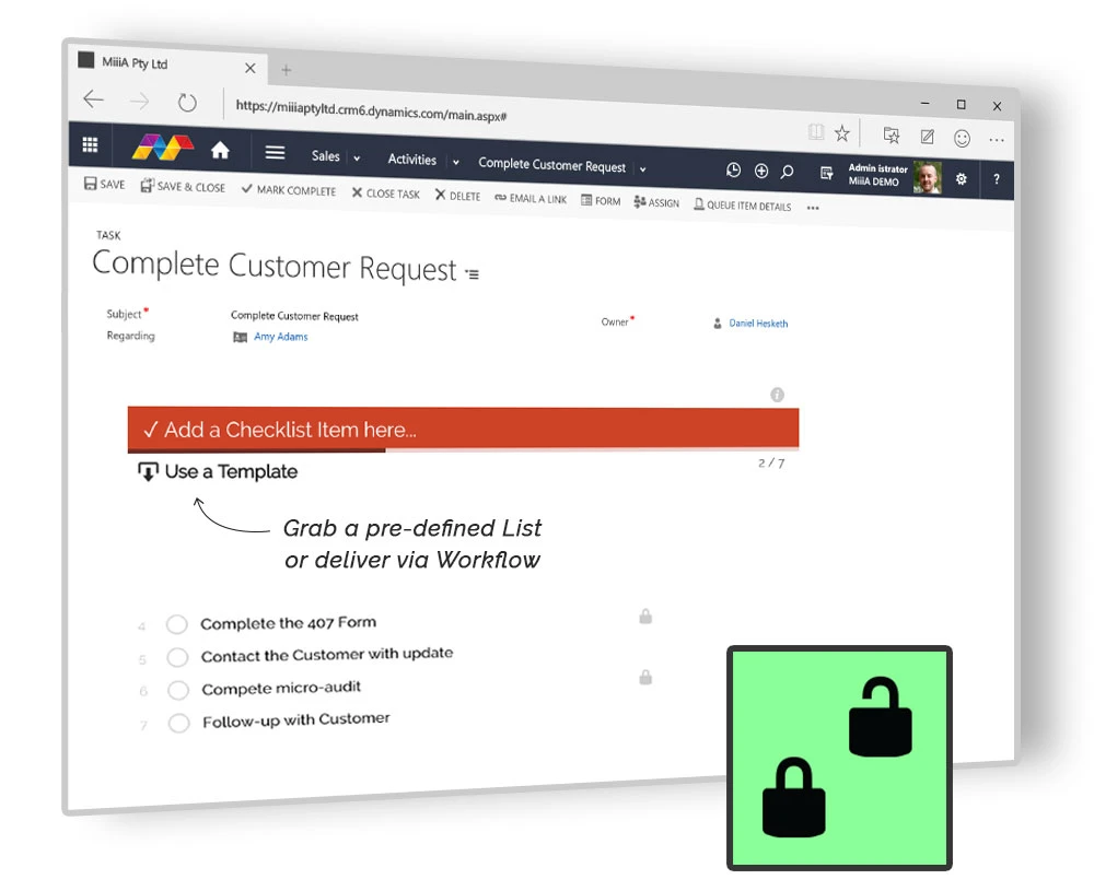 Annotated Dynamics 365 form showing a pre-defined checklist template with locked items