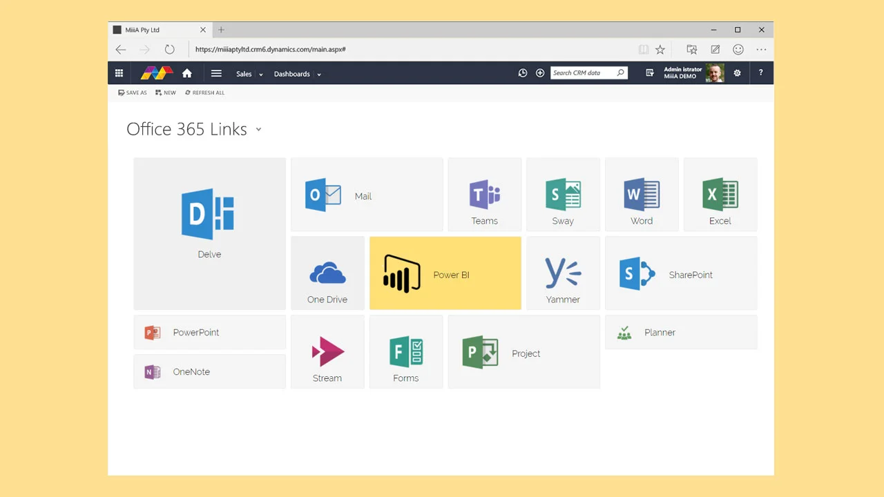 A D365 Tiles dashboard of Office 365 app links inside Dynamics 365
