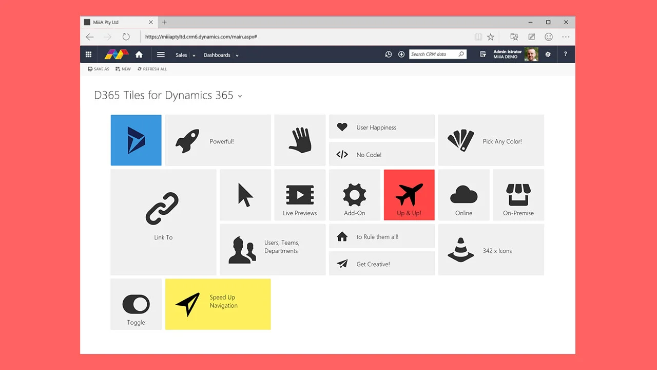 A D365 Tiles dashboard showcasing tile features and icon options