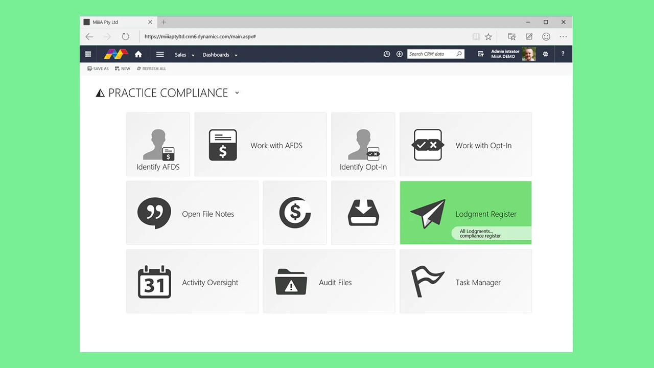 A 'Practice Compliance' tile dashboard with a tile hover preview