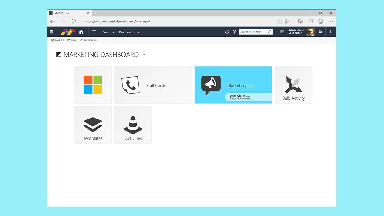 A 'Marketing Dashboard' of tiles with a tile hover preview