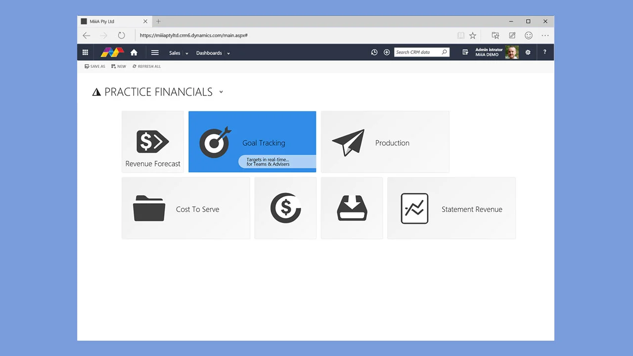 A 'Practice Financials' tile dashboard with a tile hover preview