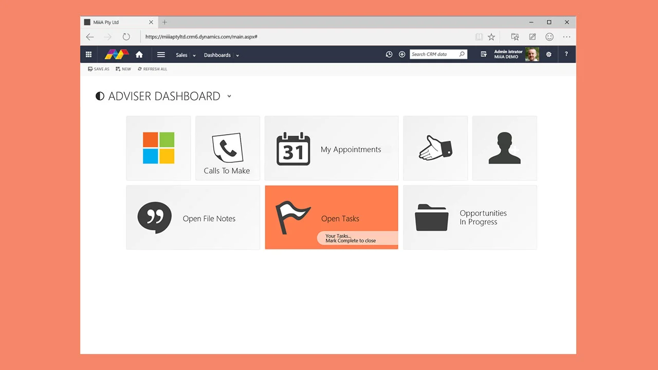 An 'Adviser Dashboard' of personalised tiles with a tile hover preview