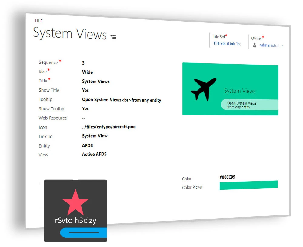 The D365 Tiles configuration form showing sequence, size, title, tooltip, icon, link and colour options with a live tile preview