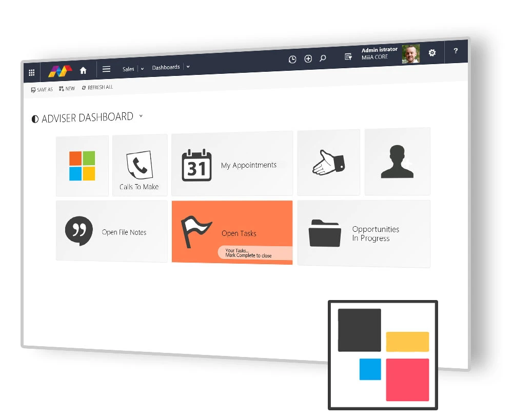 A Dynamics 365 adviser dashboard built with D365 Tiles - calls, appointments, tasks and opportunities as tiles
